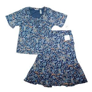 Vintage J H Collectibles Floral Mesh Top Midi Skirt Set Size L Blue Boho Casual